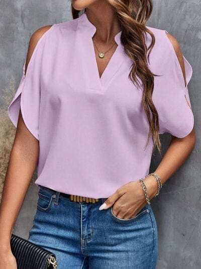 Notched Cold Shoulder Blouse - Trendsi - Flyclothing LLC