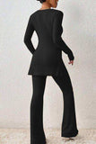Ribbed Long Sleeve Slit Top and Bootcut Pants Set - Trendsi - Flyclothing LLC