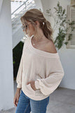 Boat Neck Waffle-knit Lantern Sleeve Blouse with Pocket - Trendsi - Flyclothing LLC