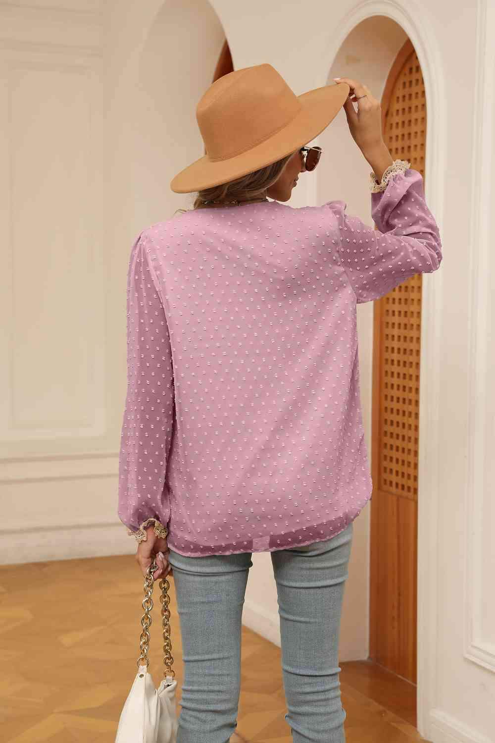 Swiss Dot Contrast V-Neck Blouse - Trendsi - Flyclothing LLC
