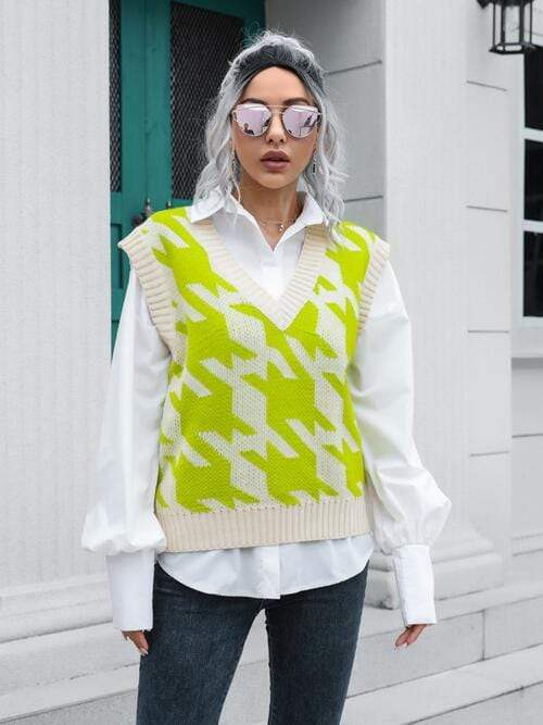 Houndstooth V-Neck Sweater Vest - Trendsi - Flyclothing LLC