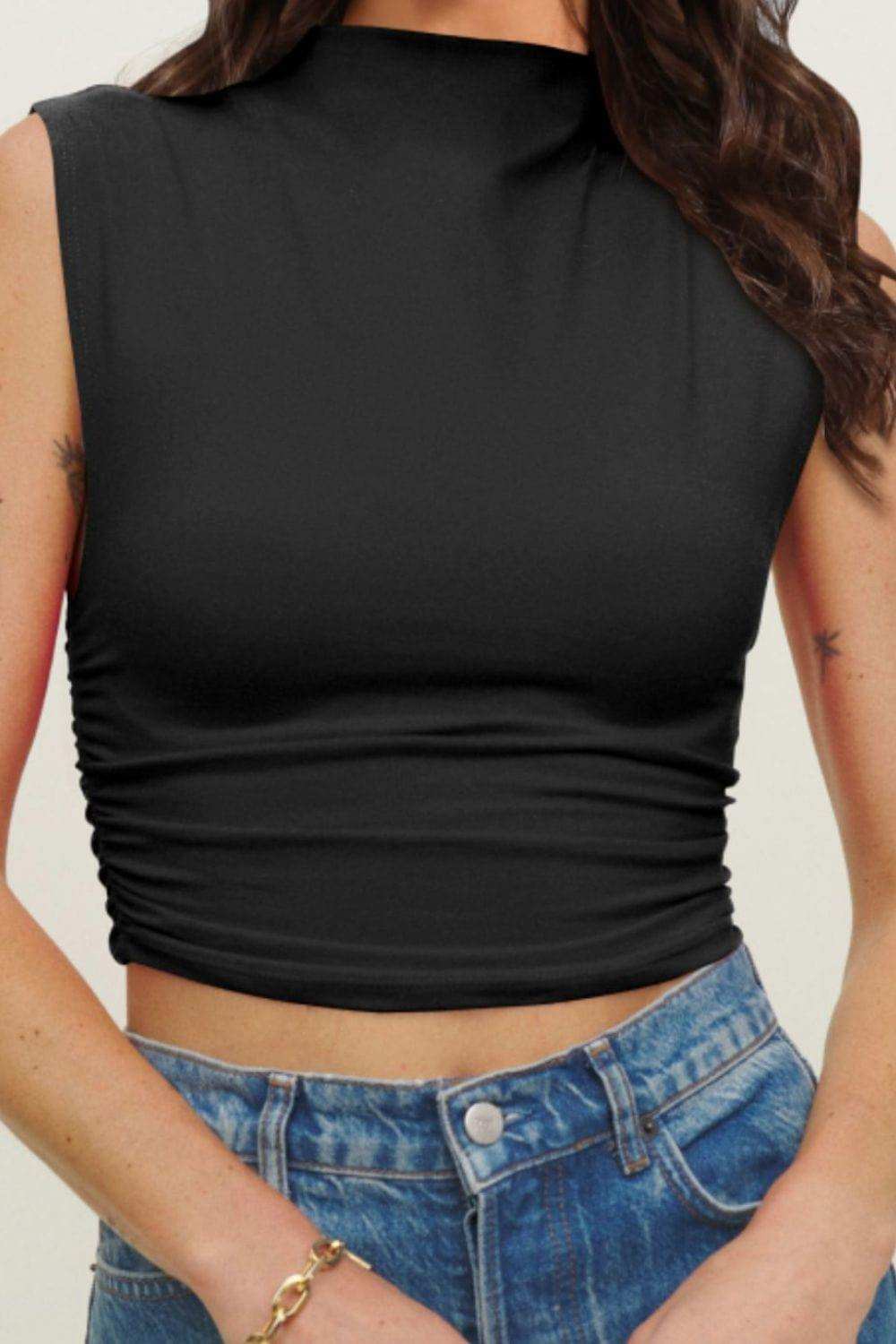 Mock Neck Ruched Cropped Tank - Trendsi - Flyclothing LLC