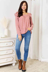 Double Take Square Neck Ruffle Shoulder Long Sleeve T-Shirt - Trendsi - Flyclothing LLC