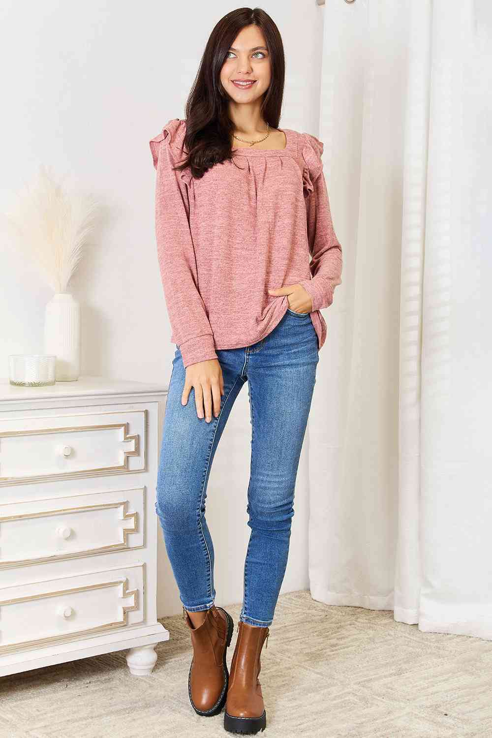 Double Take Square Neck Ruffle Shoulder Long Sleeve T-Shirt - Trendsi - Flyclothing LLC