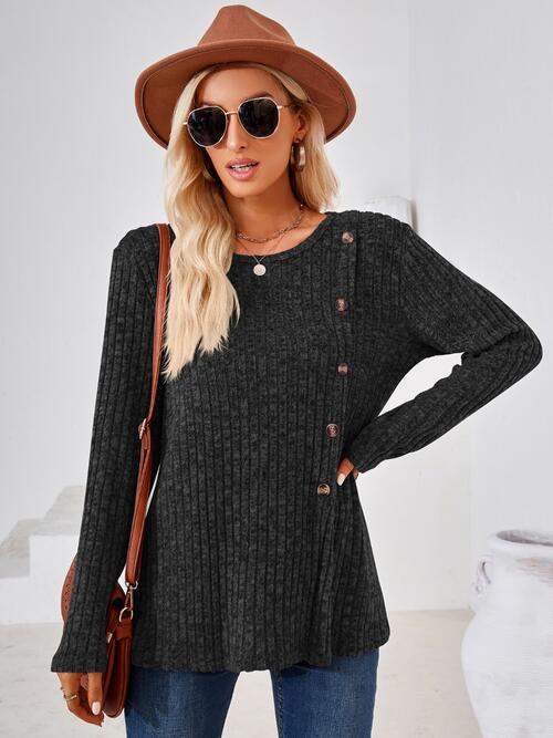 Ribbed Buttoned Round Neck Slit T-Shirt - Trendsi - Flyclothing LLC
