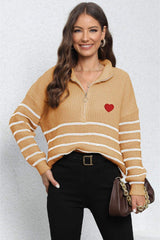 Striped Zip-Up Long Sleeve Ribbed Sweater - Trendsi - Flyclothing LLC