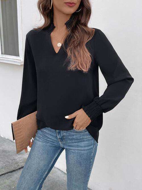 Smocked Notched Long Sleeve Blouse - Trendsi - Flyclothing LLC