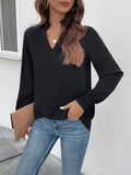 Smocked Notched Long Sleeve Blouse - Trendsi