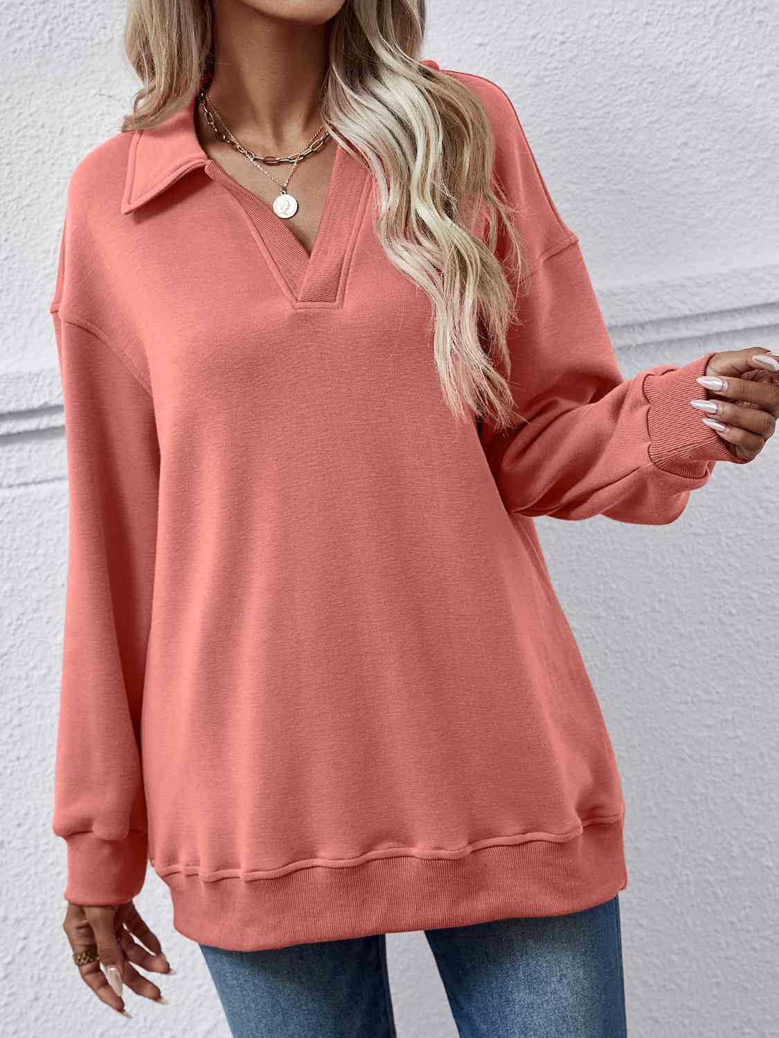 Collared Neck Dropped Shoulder Sweatshirt - Trendsi