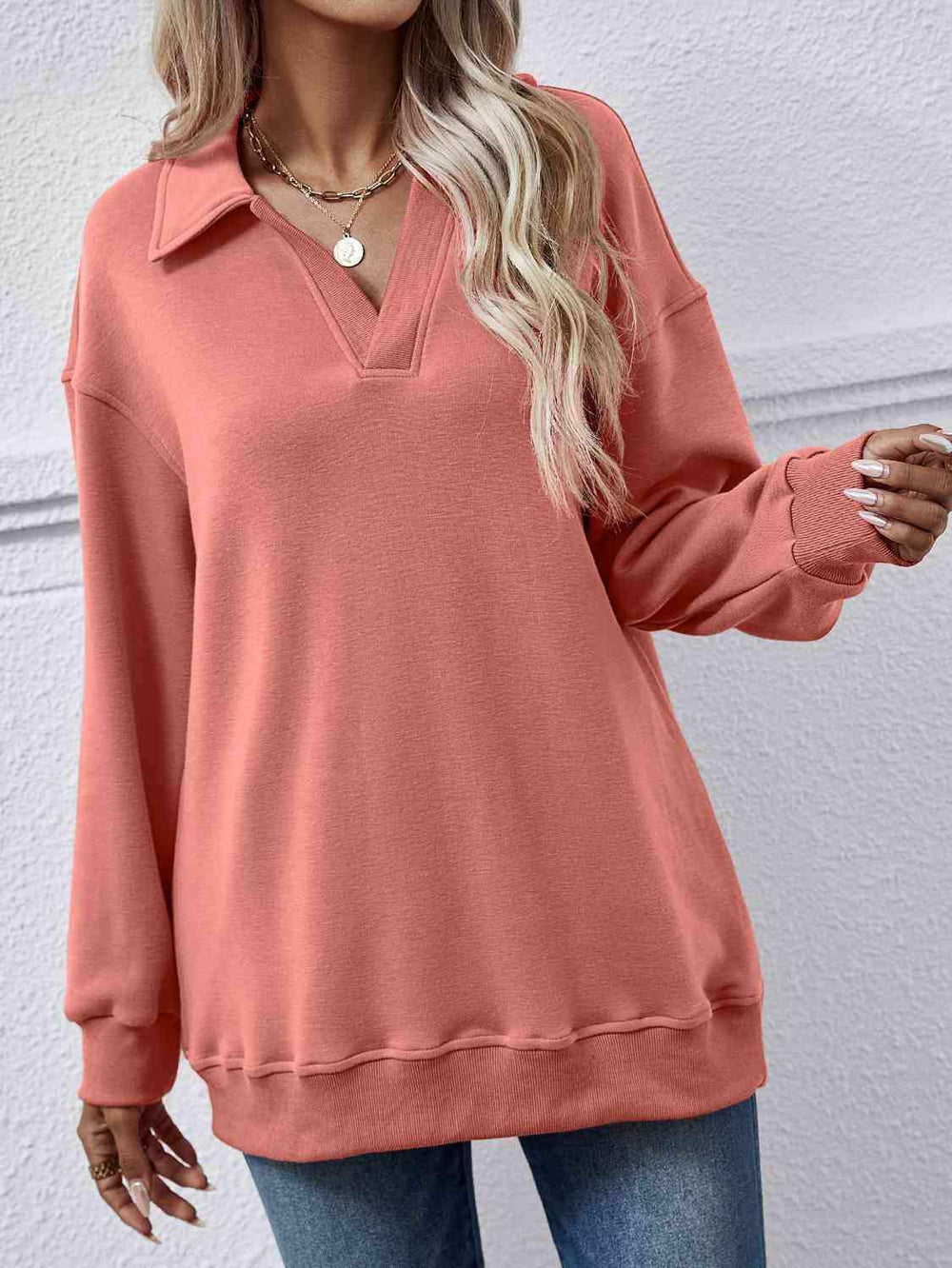 Collared Neck Dropped Shoulder Sweatshirt - Trendsi - Flyclothing LLC