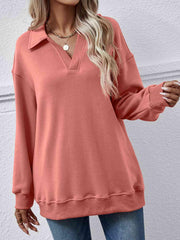 Collared Neck Dropped Shoulder Sweatshirt - Trendsi