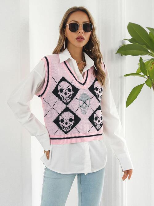 Skull Contrast V-Neck Sweater Vest - Flyclothing LLC