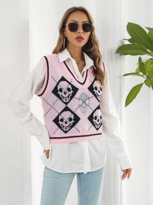 Skull Contrast V-Neck Sweater Vest - Trendsi - Flyclothing LLC