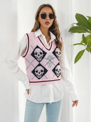 Skull Contrast V-Neck Sweater Vest - Flyclothing LLC