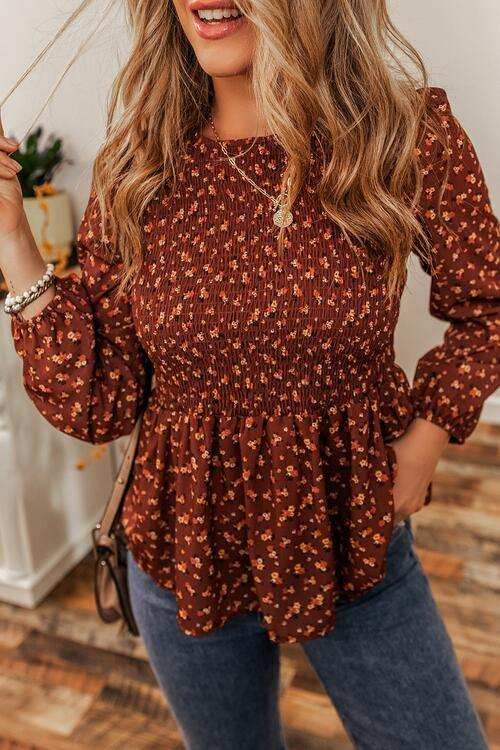 Floral Smocked Ruffle Hem Long Sleeve Blouse - Trendsi - Flyclothing LLC