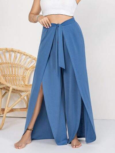 Plus Size Tied Slit Wide Leg Pants - Trendsi - Flyclothing LLC