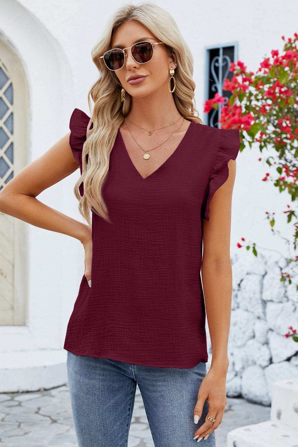 Ruffled V-Neck Cap Sleeve Blouse - Trendsi - Flyclothing LLC