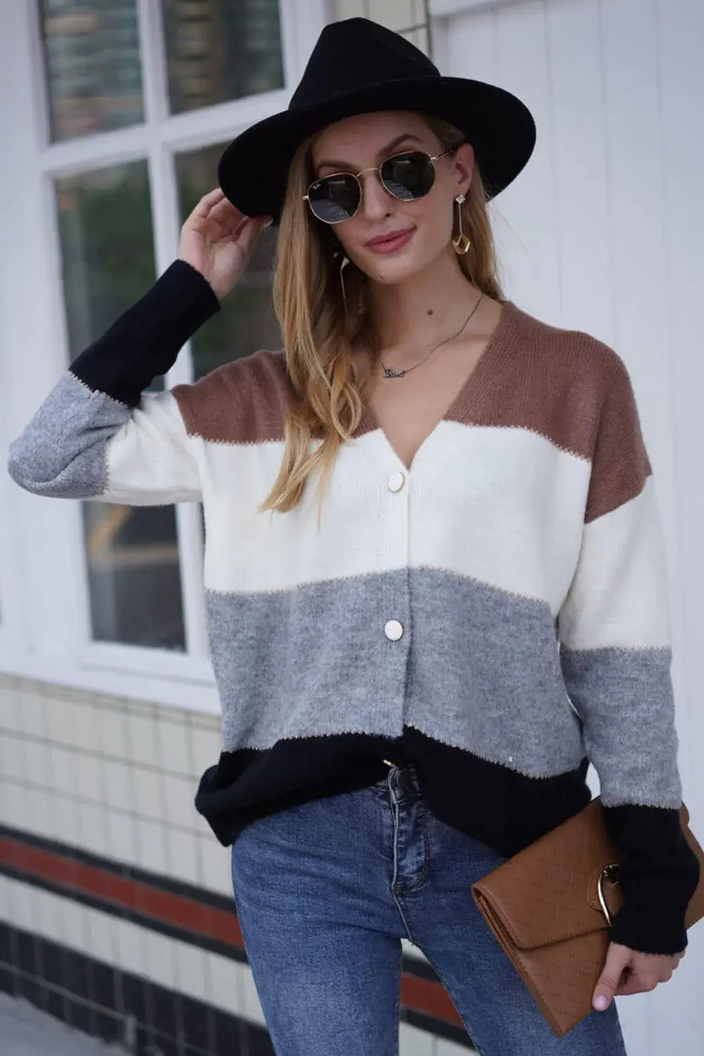 Color Block V-Neck Button Down Cardigan - Trendsi - Flyclothing LLC