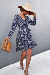 Printed V-Neck Tie Belt Ruffle Hem Mini Dress - Trendsi - Flyclothing LLC