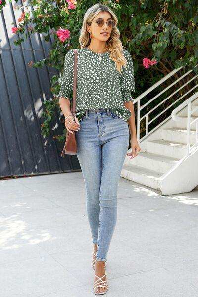 Polka Dot Round Neck Lantern Sleeve Blouse - Trendsi - Flyclothing LLC