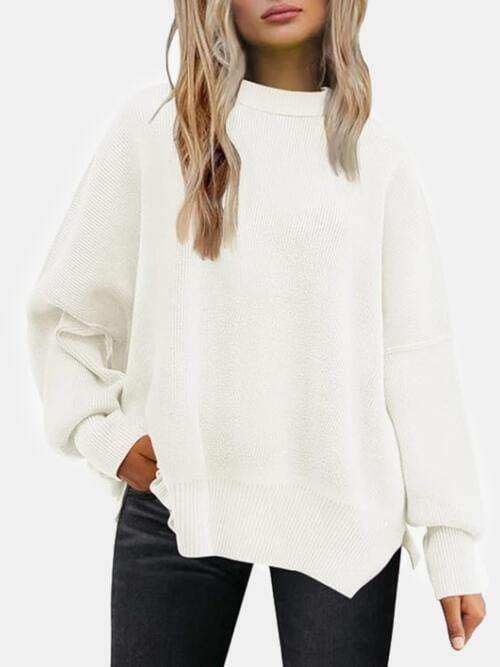 Round Neck Drop Shoulder Slit Sweater - Trendsi - Flyclothing LLC