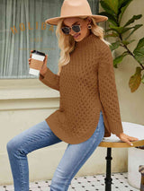 Mock Neck Slit Sweater - Trendsi - Flyclothing LLC
