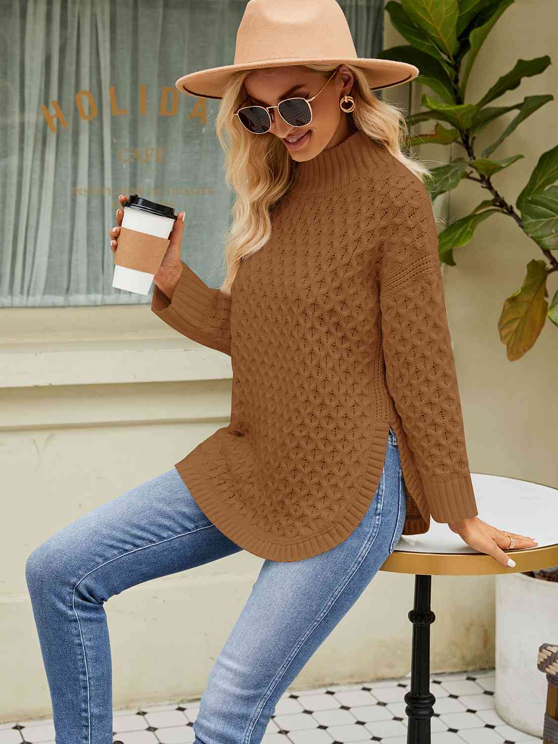Mock Neck Slit Sweater - Trendsi - Flyclothing LLC
