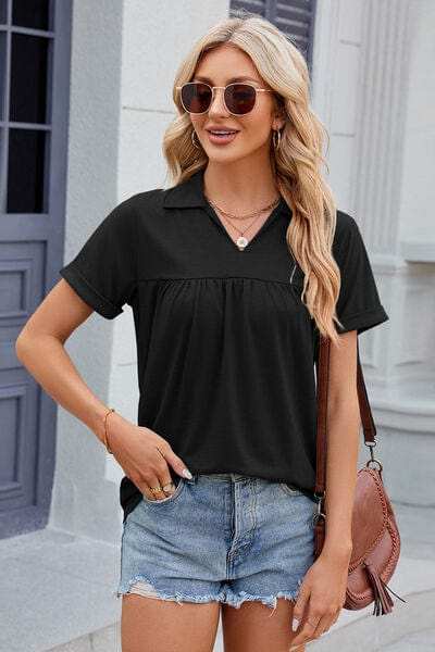 Ruched Johnny Collar Short Sleeve Blouse - Trendsi - Flyclothing LLC