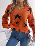 Star Pattern Distressed V-Neck Cropped Sweater - Trendsi