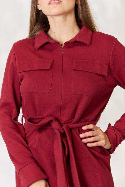 Culture Code Full Size Tie Front Half Zip Long Sleeve Shirt Dress - Trendsi - Flyclothing LLC