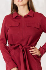 Culture Code Full Size Tie Front Half Zip Long Sleeve Shirt Dress - Trendsi