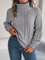 Cable-Knit Turtleneck Dropped Shoulder Sweater - Trendsi