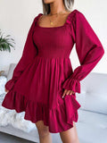 Smocked Flounce Sleeve Square Neck Dress - Trendsi - Flyclothing LLC
