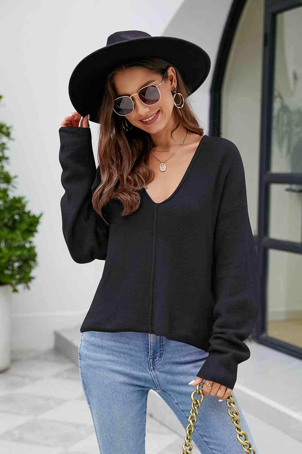 V-Neck Drop Shoulder Long Sleeve Knit Top - Trendsi - Flyclothing LLC