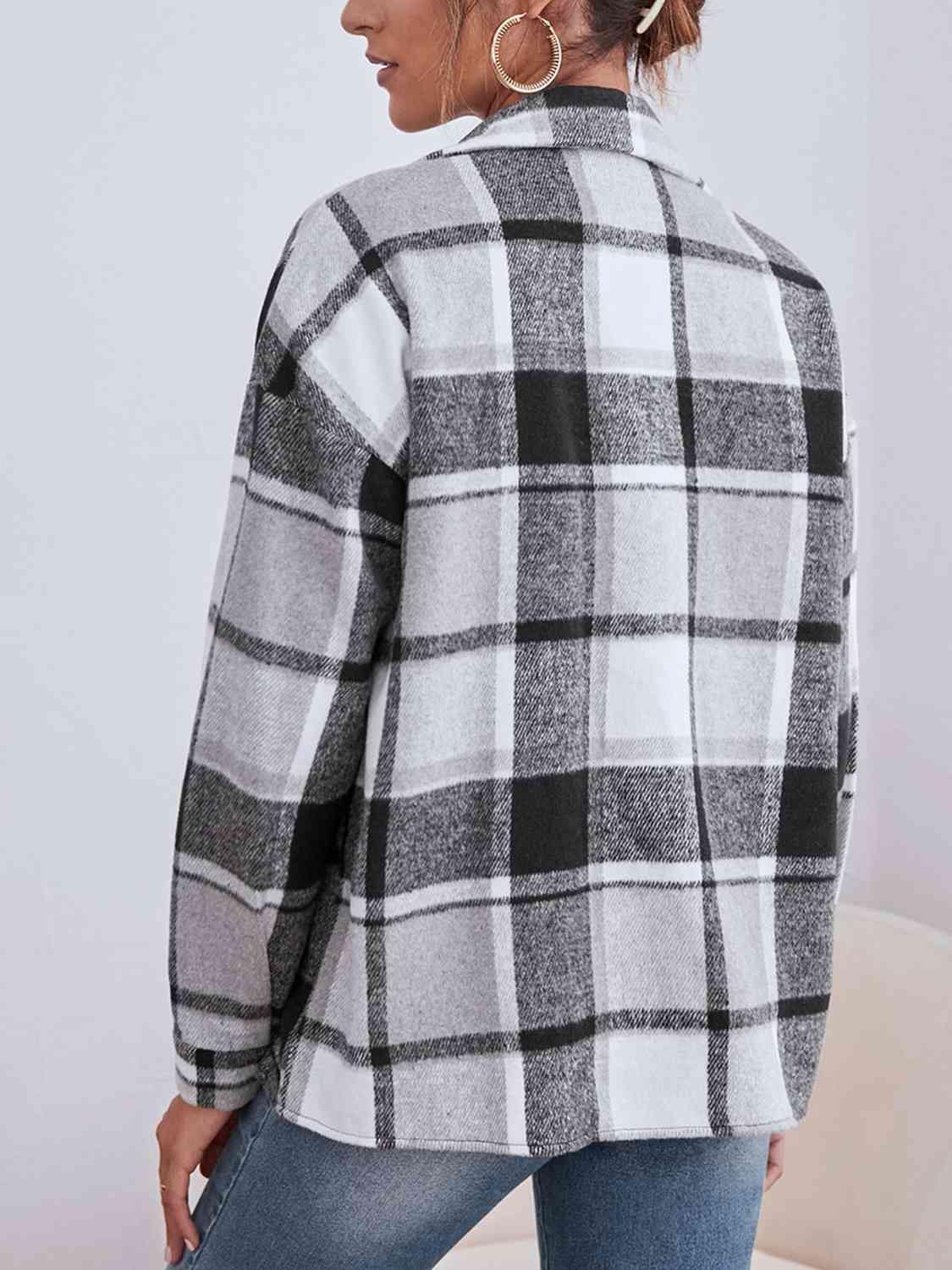 Plaid Collared Neck Button Down Jacket - Trendsi