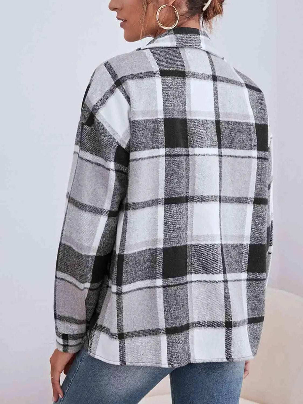 Plaid Collared Neck Button Down Jacket - Trendsi - Flyclothing LLC