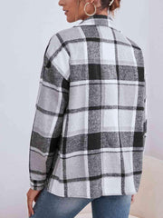Plaid Collared Neck Button Down Jacket - Trendsi