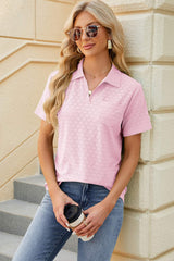 Pocketed Johnny Collar Short Sleeve Blouse - Trendsi - Flyclothing LLC