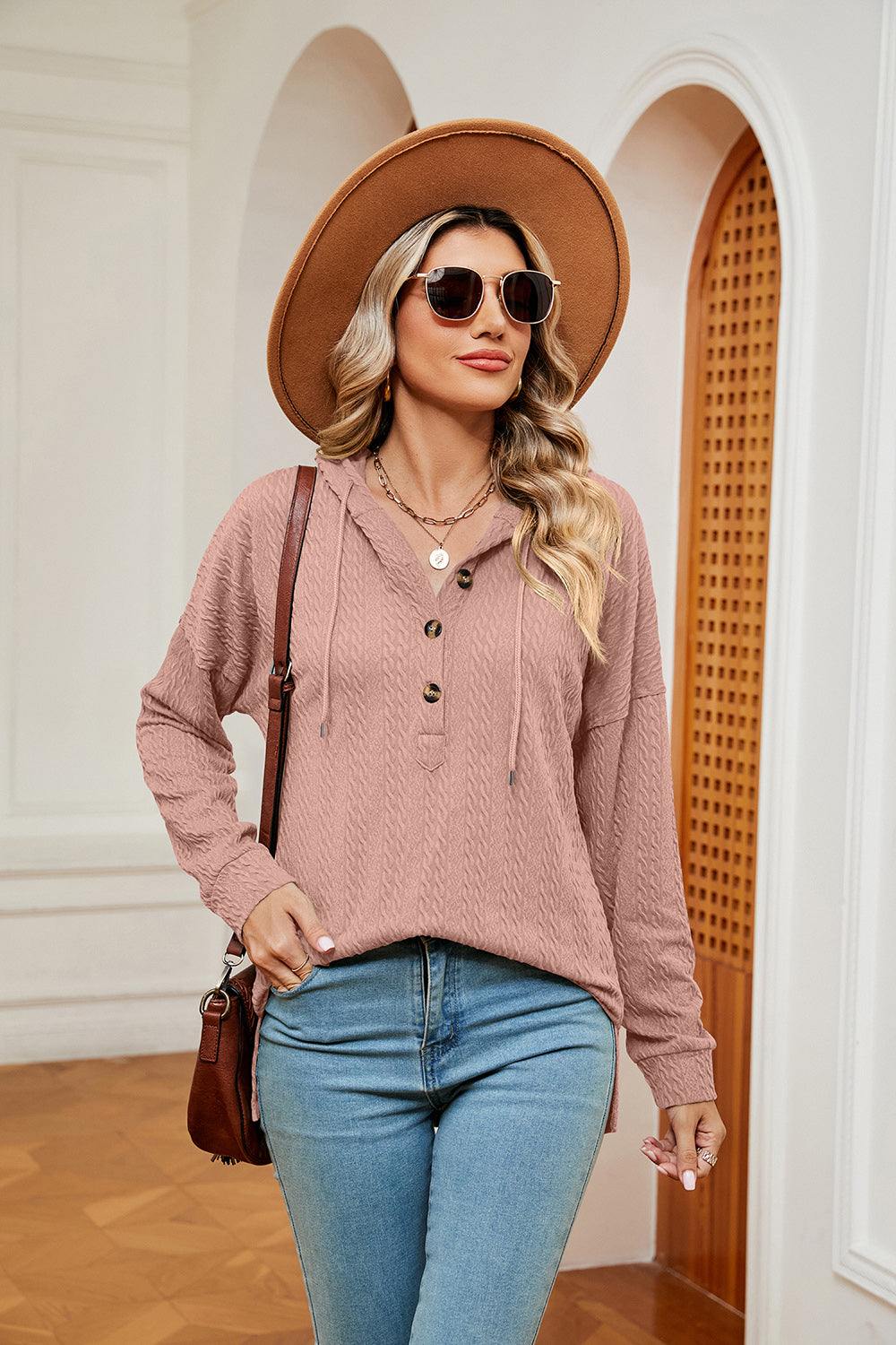 Half-Button Dropped Shoulder Hoodie - Trendsi