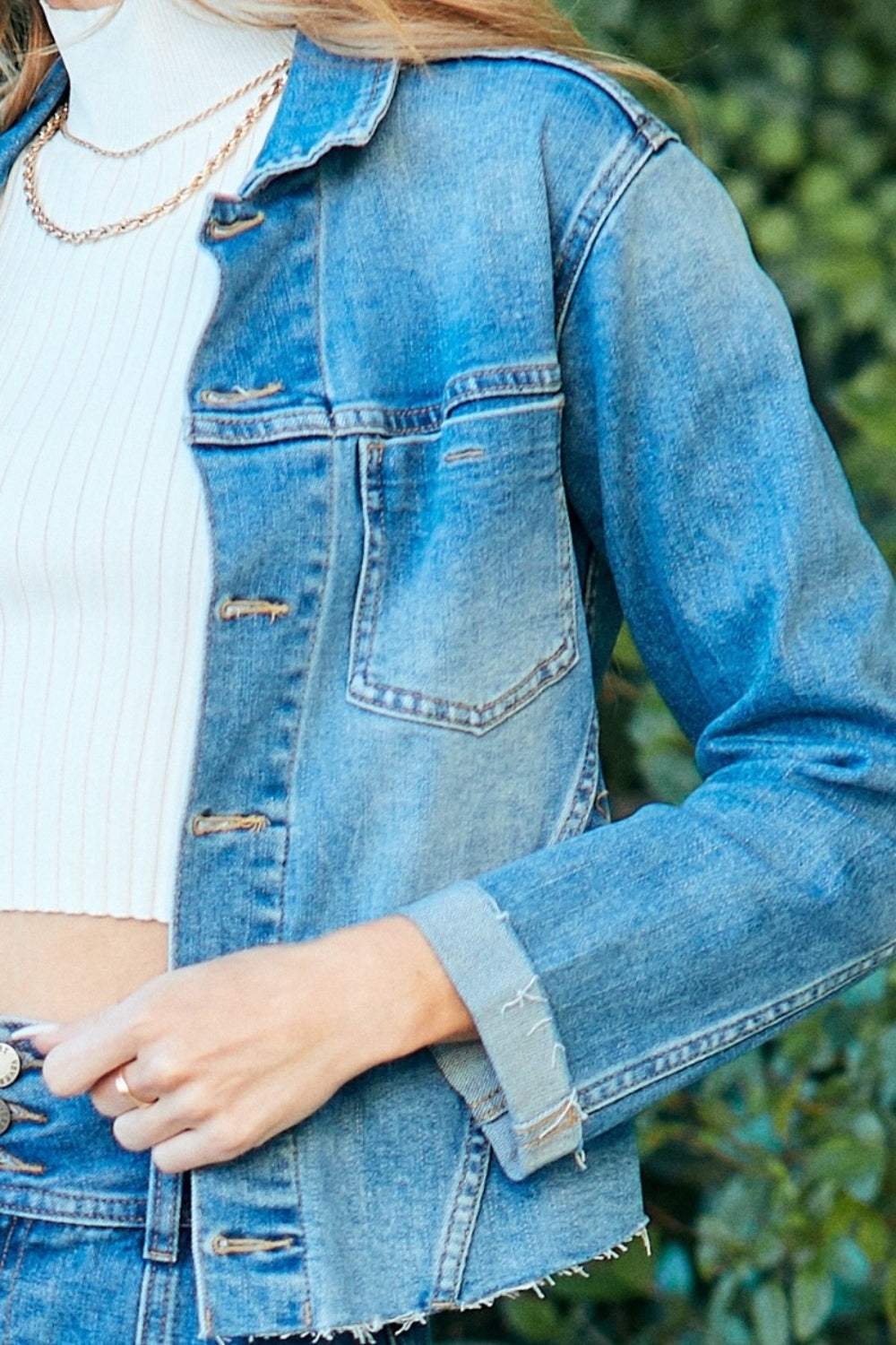 Veveret Button Up Raw Hem Denim Jacket - Trendsi - Flyclothing LLC