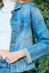 Veveret Button Up Raw Hem Denim Jacket - Trendsi - Flyclothing LLC