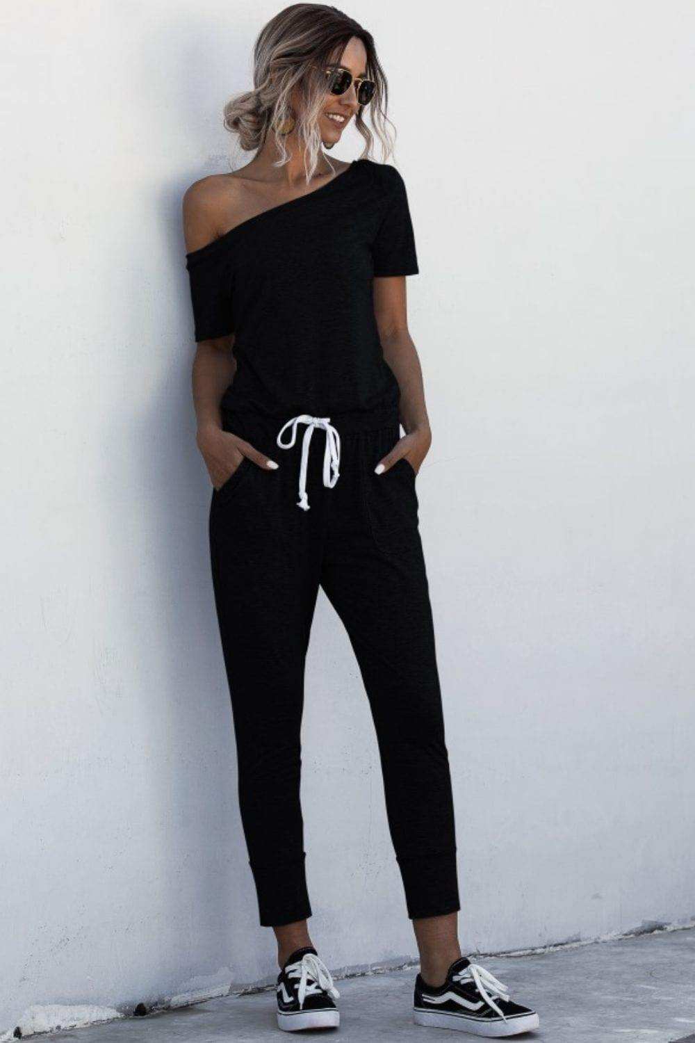Asymmetrical Neck Tied Jumpsuit with Pockets - Trendsi - Flyclothing LLC