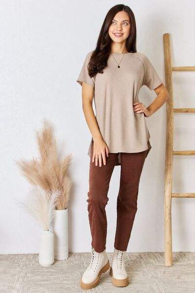 Zenana Baby Waffle Short Sleeve Slit High-Low T-Shirt - Trendsi - Flyclothing LLC