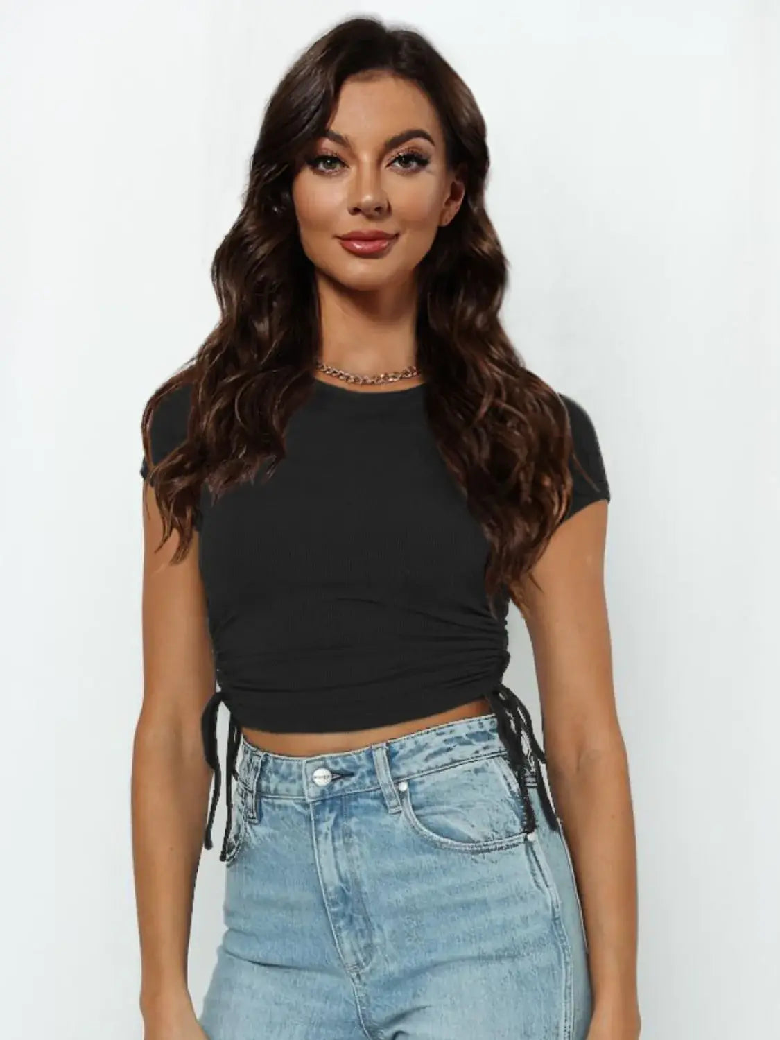 Round Neck Short Sleeve Drawstring Tee - Trendsi - Flyclothing LLC