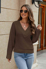 Openwork Surplice Long Sleeve Sweater - Trendsi - Flyclothing LLC
