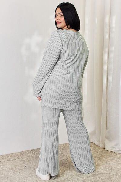 Basic Bae Full Size Ribbed High-Low Top and Wide Leg Pants Set - Trendsi