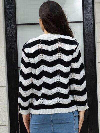 Openwork Striped V-Neck Sweater - Trendsi