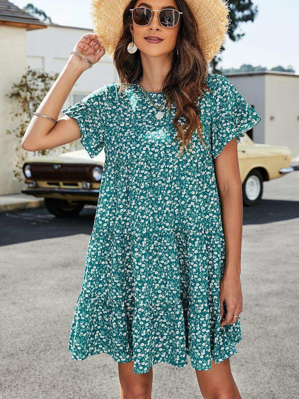 Leopard Short Flounce Sleeve Tiered Dress - Trendsi - Flyclothing LLC