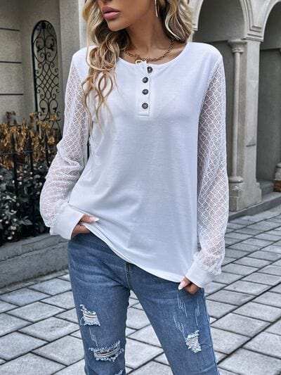 Quarter Button Round Neck Long Sleeve Blouse - Trendsi - Flyclothing LLC