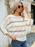 Eyelet Striped Round Neck Knit Top - Trendsi